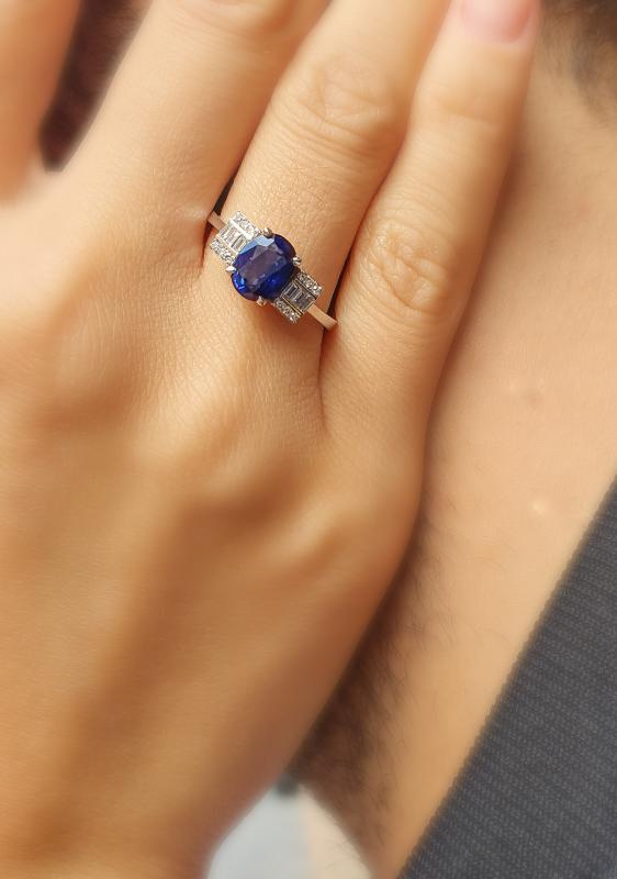 Baguette- Sapphire And Baguette Diamond Ring